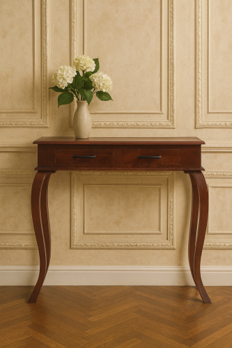 Elegant Wooden Console with Hydrangeas.png