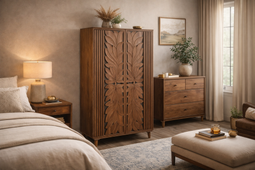 Warm wood bedroom with intricate wardrobe.png