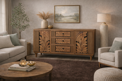 Serene living room with carved dresser.png