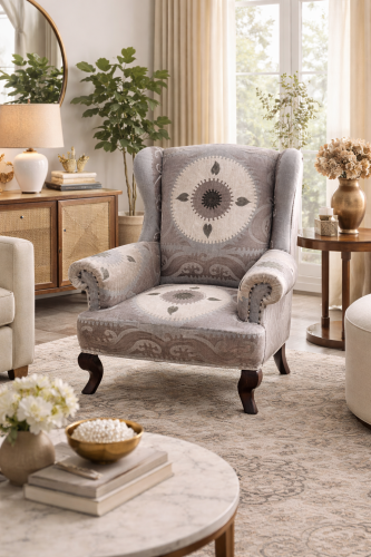 Elegant living room with wingback armchair.png